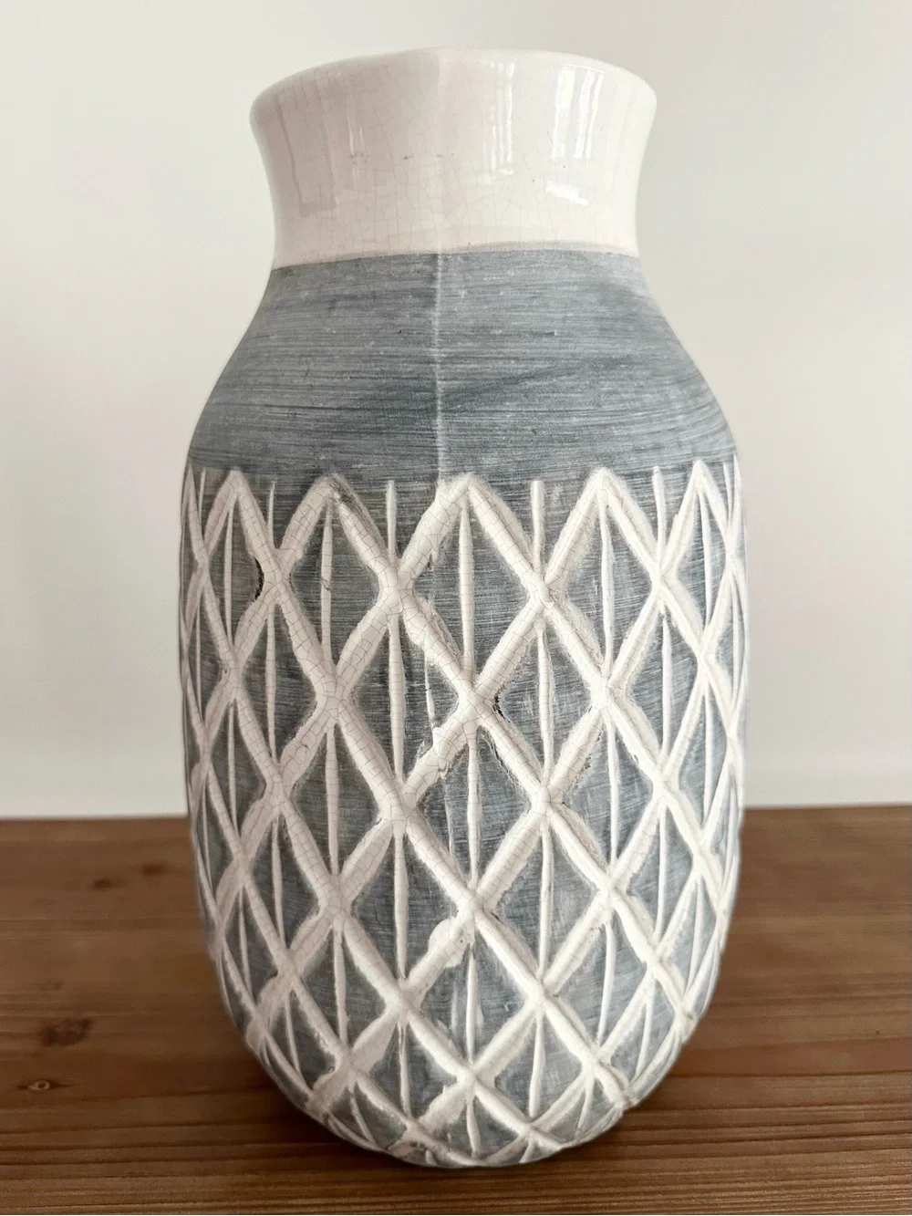 Textured Ceramic Vase in Gray Blue and White Diamond Pattern